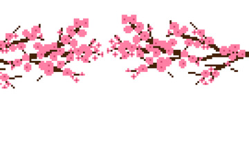 Pixel art template card with pink sakura and transparent background. can be used for wallpaper, background, wedding card, happy birthday card, valentine card. © evan