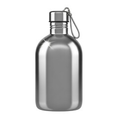 Polished metallic beverage container with attached carrying loop isolated on a white background