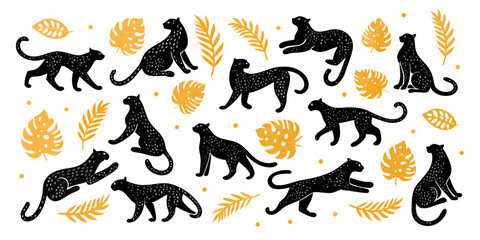 Playful monkey silhouettes and tropical leaves in a vibrant artistic pattern © Sudebi