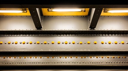 girder. Architectural close-up of steel beams forming geometric patterns under industrial yellow lighting. real-estate listings.
