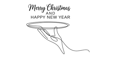 Merry christmas and happy new year greeting with hand holding tray line art