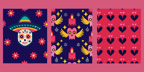Colorful day of the dead patterns with skulls candles and festive designs
