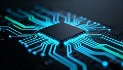 Close-up of a futuristic microchip with glowing circuit lines on a dark technological circuit board, symbolizing advanced electronics, innovation, and digital connectivity