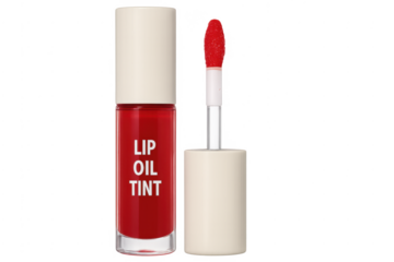 Red lip oil tint cosmetics with applicator on transparent background