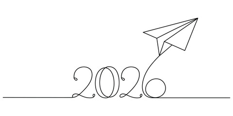 New year 2026 concept with paper airplane flying upwards in line art style © Bilas