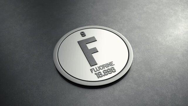 Fluorine Element from Periodic Table Round Shiny Metallic Icon