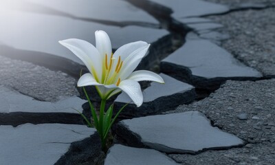 A single white lily blossoms from a cracked earth surface. Sunlight highlights the flower
