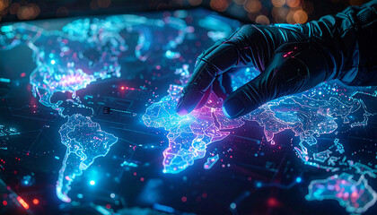 Global Connection: A hand interacts with an illuminated world map, exploring the intricate network of connections across continents. The scene evokes a sense of global awareness, innovation.