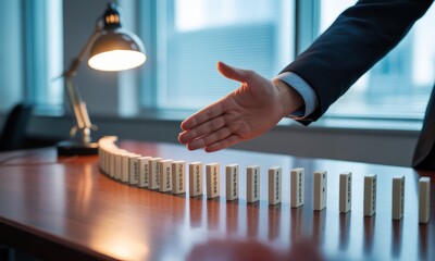 Business hand reaching to a row of dominoes