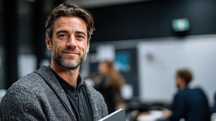 Obraz premium A confident man with a beard smiles while holding a laptop in a modern office setting, with colleagues working in the background.
