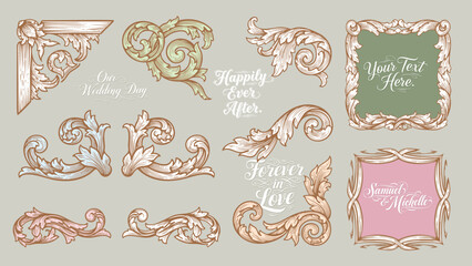 Set of vintage decorative elements with Baroque ornament.