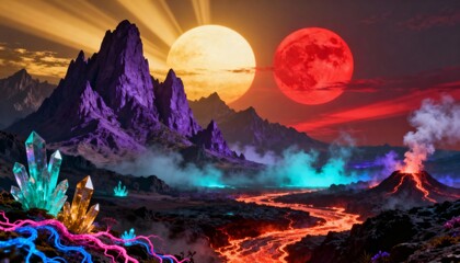 Surreal volcanic landscape featuring glowing crystals, erupting volcano, and twin moons illuminating a fantastical terrain with vibrant colors and otherworldly atmosphere