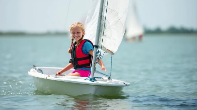 Young girl sailing solo, learning watersports, enjoying the breeze on a sunny day, wearing life vest, mastering the sea, freedom and adventure