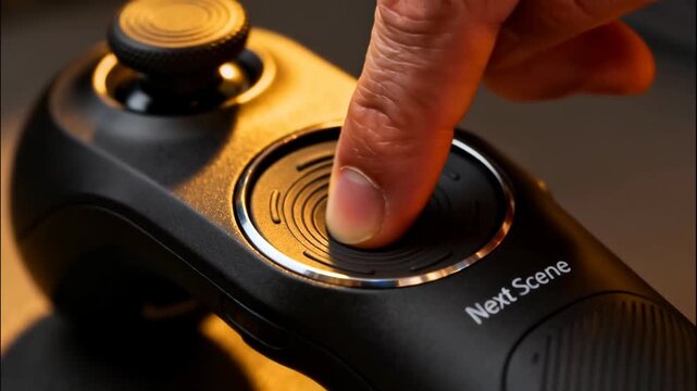 Close-up of a finger pressing the 'Next Scene' button on a black controller with joystick