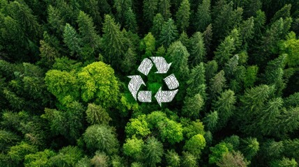 Aerial view of a lush forest with a prominent recycling symbol, promoting environmental awareness and sustainability.