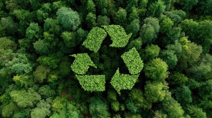 An aerial view of a lush green forest featuring a recycling symbol made of leaves, emphasizing environmental sustainability and nature's beauty.