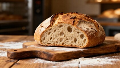 Freshly Baked Rustic Sourdough Bread with Crusty Exterior and airy Interior on Wooden Cutting Board in Warm Kitchen Setting