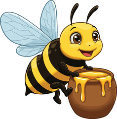 Happy honey bee holding honey pot, cute cartoon insect illustration, smiling bee character design, nature art, cad drawing flat vector illustration
