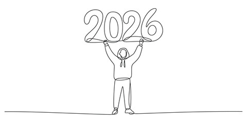 One line drawing of person holding up the year 2026