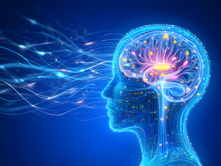 Human head design with glowing blue electric brain energy and smoke concept art illustration