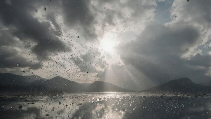 Dramatic Sun Rays Breaking Through Stormy Clouds Over Mountains and Water.
