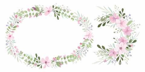 A delicate floral wreath with pink blossoms and lush green foliage