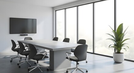 Modern Conference Room Interior: Minimalist Design with Meeting Table, Chairs, Large Window, and Plant Pot in a Contemporary Office Space
