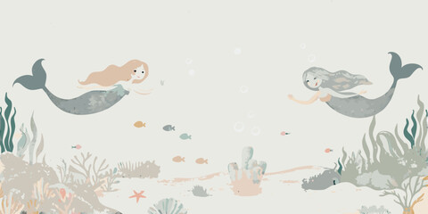Two whimsical mermaids playfully swim amongst coral and small fish