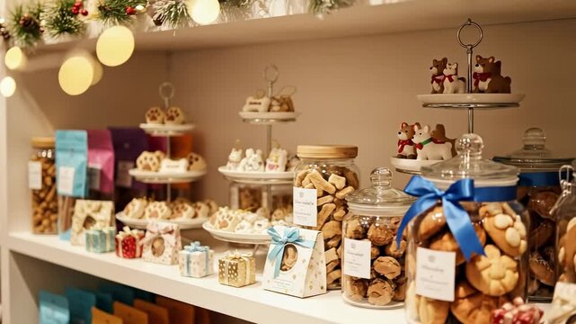 Delightful Array of Decorated Holiday Treats on Display in a Charming Bakery Shelving Unit Surrounded by Soft Fairy Lights