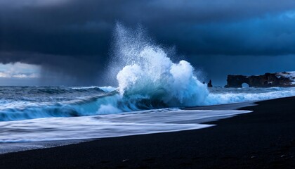 Dramatic seascape of crashing ocean waves against a volcanic black sand beach under stormy dark clouds with rugged rock formations in the background