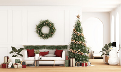 Modern living room interior decorated for Christmas with sofa, coffee table, large tree, snowman and wrapped gifts in cozy luxury holiday style. 3d rendering