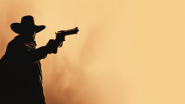 Silhouette of a Gunfighter: A lone gunfighter stands silhouetted against a dusty backdrop, drawing his weapon, evoking a sense of drama and anticipation.