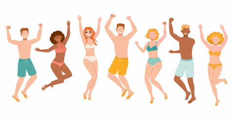 A joyful group of diverse people jumping and celebrating together