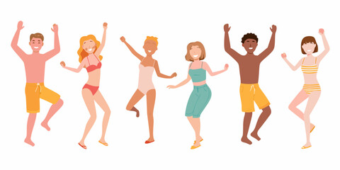 A group of diverse people joyfully dancing and celebrating summer fun