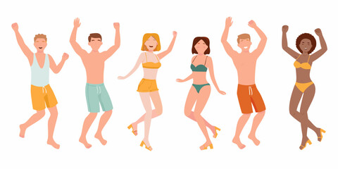 Diverse group of people in swimwear joyfully raising their arms and dancing