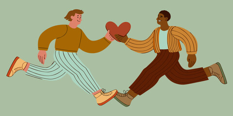 Two men running and exchanging a heart shaped symbol of love and affection