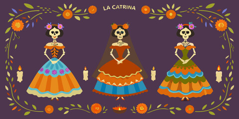 Colorful depiction of la catrina skeletons adorned with flowers and candles