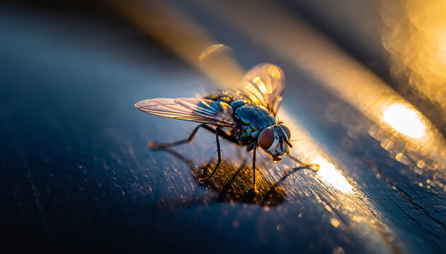 Close-up of a fly on a dark surface with golden light. - Powered by Adobe