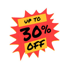Bold red starburst graphic announces a sale with up to thirty percent off