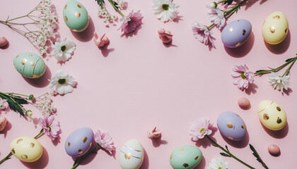 Soft pastel Easter eggs adorned with delicate golden patterns, elegantly arranged with fresh spring flowers on a vibrant pink background, perfect for holiday greetings and festive designs