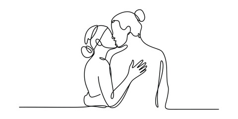 Minimalist one line drawing of couple kissing intimately