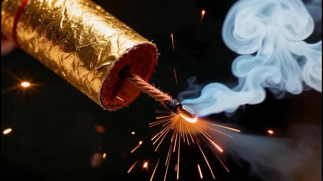 Close-up of a lit firecracker with sparks and smoke against a dark background