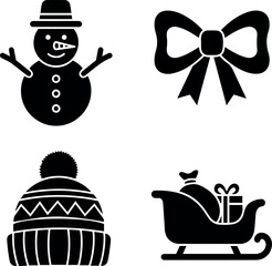 Festive Winter Holiday and Christmas Icons Set: Snowman, Bow, Hat, and Sleigh Silhouettes