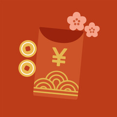 Lunar New Year Red Packet with Gold Coins and Cherry Blossoms