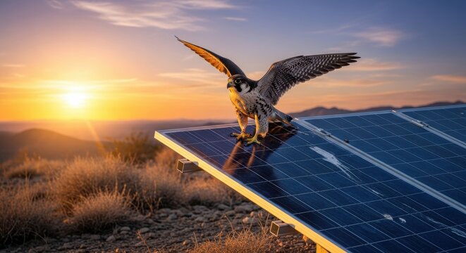 Peregrine falcon landing on solar panel array in desert sunset