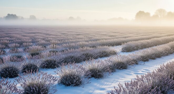 Frozen lavender field covered in winter snow and morning mist - Powered by Adobe