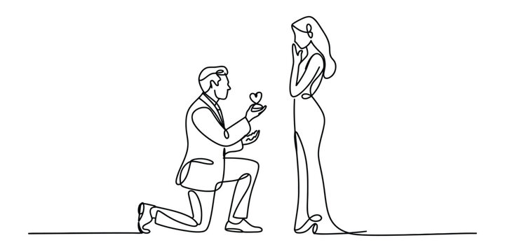 One line drawing of man proposing to woman with ring