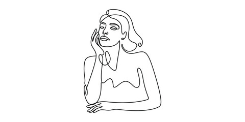 Minimalist line art portrait of a woman resting her face on hand