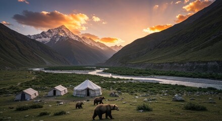 Brown bears near yurts at mountain valley sunset