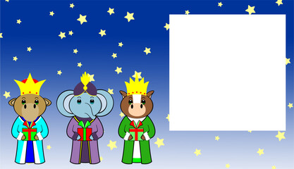 The Three Kings animals character cartoon pictureframe in vector format